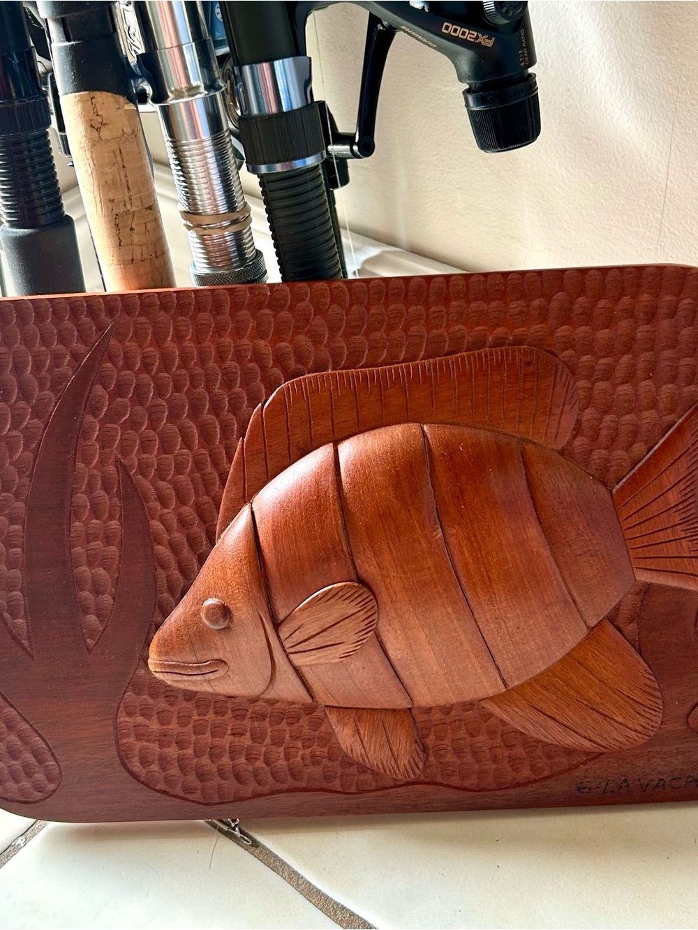 Vintage Hand-Carved Relief Wood Fish Plaque 
Mid-Century Folk Art